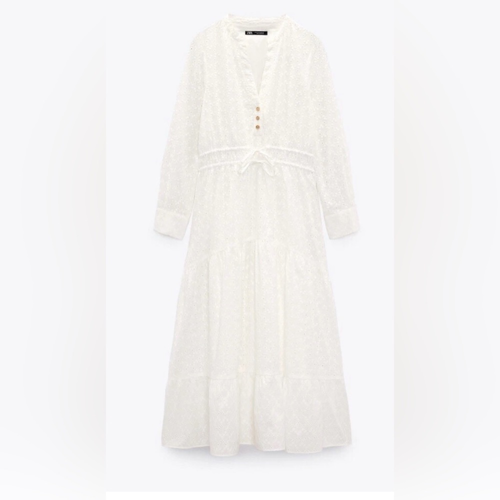 Zara Oyster White Combined Perforated Embroidered Midi Dress Size M